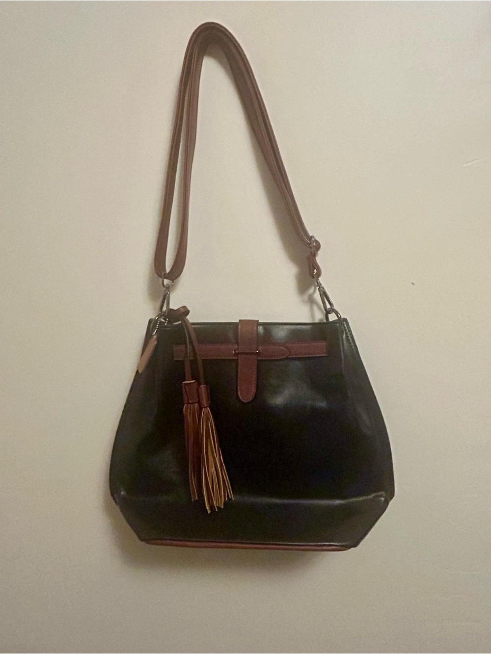 Black Shoulder Bag with Brown Trim and Tassel
